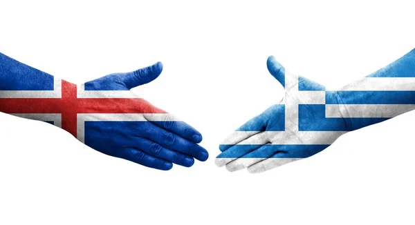 Uścisk Dłoni Między Grecją Islandią Malowane Rękach Flagi Odizolowany Przezroczysty — Zdjęcie stockowe