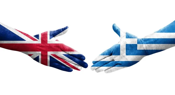 Kézfogás Görögország Egyesült Királyság Között Kézre Festett Zászlók Elszigetelt Átlátszó — Stock Fotó