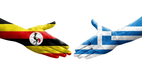Χειραψία Μεταξύ Ελλάδας Και Ουγκάντας Σημαιών Ζωγραφισμένη Χέρια Απομονωμένη Διαφανής — Φωτογραφία Αρχείου
