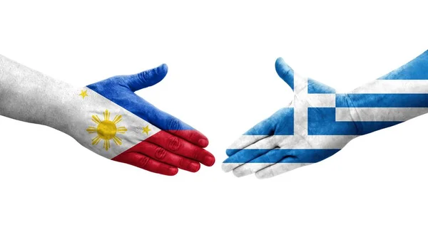 Uścisk Dłoni Między Grecją Filipinami Flagi Malowane Rękach Odizolowany Przezroczysty — Zdjęcie stockowe