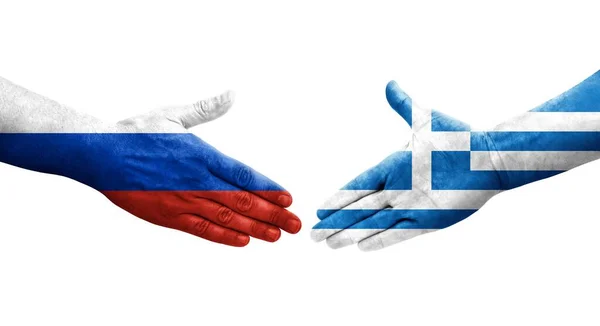 Apretón Manos Entre Grecia Rusia Banderas Pintadas Las Manos Imagen —  Fotos de Stock