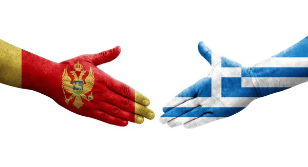 Χειραψία Μεταξύ Ελλάδος Και Μαυροβουνίου Ζωγραφισμένες Σημαίες Χέρια Απομονωμένη Διάφανη — Φωτογραφία Αρχείου