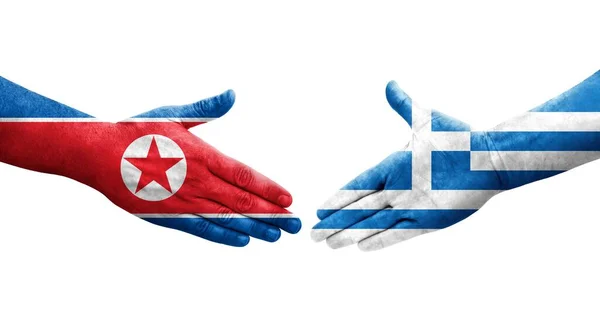 Aperto Mão Entre Grécia Coreia Norte Bandeiras Pintadas Mãos Imagem — Fotografia de Stock