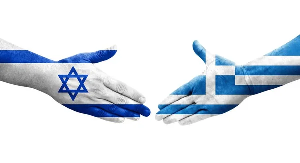 Χειραψία Μεταξύ Ελλάδας Και Ισραήλ Σημαιών Ζωγραφισμένων Χέρια Απομονωμένη Διάφανη — Φωτογραφία Αρχείου