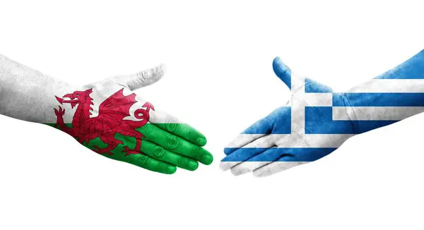 Apretón Manos Entre Grecia Gales Banderas Pintadas Las Manos Imagen —  Fotos de Stock