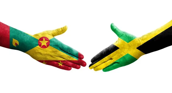 Рукопожатие Между Флагами Гренады Ямайки Нарисованное Руках Изолированное Прозрачное Изображение — стоковое фото