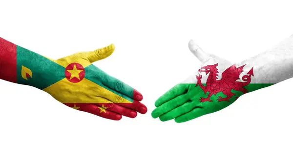 Aperto Mão Entre Granada País Gales Bandeiras Pintadas Mãos Imagem — Fotografia de Stock