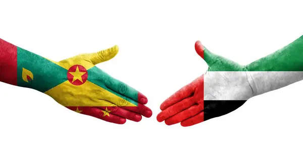 Рукопожатие Между Флагом Гренады Оаэ Нарисованное Руках Изолированное Прозрачное Изображение — стоковое фото