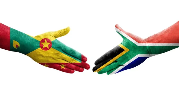 Aperto Mão Entre Granada África Sul Bandeiras Pintadas Mãos Imagem — Fotografia de Stock