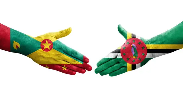 Grenada Dominica Bayrakları Arasındaki Sıkışma Ellerinde Resmedilmiş Şeffaf Görüntü — Stok fotoğraf