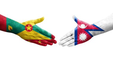 Ellerinde Grenada ve Nepal bayrakları arasında el sıkışma, izole şeffaf görüntü.