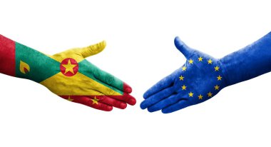 Grenada ve Avrupa Birliği bayrakları arasındaki el sıkışma, izole şeffaf görüntü.