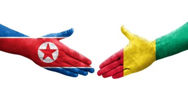 Gine ve Kuzey Kore bayrakları arasındaki el sıkışma ellerinde resmedilmiş şeffaf görüntü.