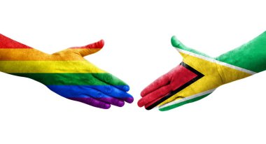 Guyana ve LGBT bayrakları arasındaki tokalaşma elleri boyalı, izole şeffaf resim.