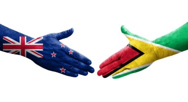 Guyana ve Yeni Zelanda bayrakları arasındaki el sıkışma, izole şeffaf görüntü.