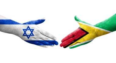 Guyana ve İsrail bayrakları arasındaki el sıkışma, izole şeffaf görüntü.