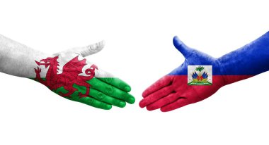 Haiti ve Galler arasındaki el sıkışma ellerinde boyanmış bayraklar, izole edilmiş şeffaf görüntü.