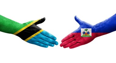 Haiti ve Tanzanya bayrakları arasındaki el sıkışma ellerinde resmedilmiş şeffaf görüntü.