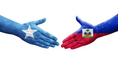 Haiti ve Somali bayrakları arasındaki el sıkışma ellerinde resmedilmiş şeffaf görüntü.