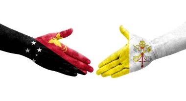 Kutsal Bakış ve Papua Yeni Gine bayrakları arasındaki el sıkışma ellerinde izole şeffaf görüntü.