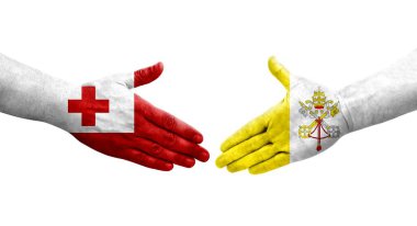 Kutsal Bakış ve Tonga bayrakları arasındaki el sıkışma, izole edilmiş şeffaf görüntü.