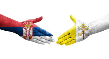 Papa ile Sırbistan arasındaki el sıkışma ellerinde bayraklar, izole edilmiş şeffaf görüntü.
