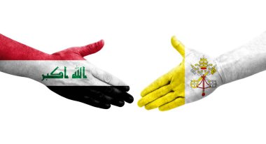 Kutsal Bakış ve Irak bayrakları arasındaki el sıkışma, izole edilmiş şeffaf görüntü.