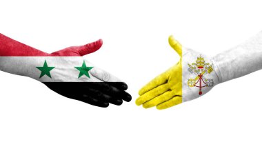 Kutsal Bakış ile Suriye bayrakları arasındaki el sıkışma, izole şeffaf görüntü.