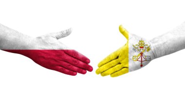 Papa ile Polonya arasındaki el sıkışma ellerinde bayraklar, izole edilmiş şeffaf görüntü.