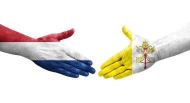 Kutsal Bakış ve Hollanda bayrakları arasındaki el sıkışma ellerinde resmedilmiş şeffaf görüntü.