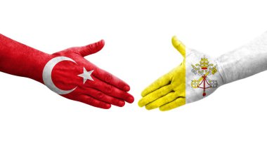 Kutsal Bakış ile Türkiye bayrakları arasındaki el sıkışma, izole şeffaf görüntü.