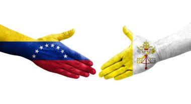 Kutsal Bakış ve Venezuela bayrakları arasındaki el sıkışma ellerinde resmedilmiş şeffaf bir görüntü.