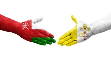 Kutsal Bakış ve Umman bayrakları arasındaki el sıkışma ellerinde resmedilmiş şeffaf bir görüntü.