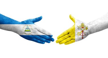 Kutsal Bakış ve Nikaragua bayrakları arasındaki el sıkışma ellere boyanmış, izole şeffaf görüntü.