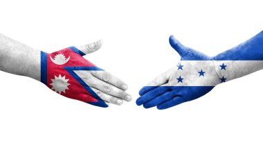 Ellerinde Honduras ve Nepal bayrakları arasında el sıkışma, izole şeffaf görüntü.