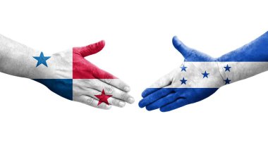 Ellerinde Honduras ve Panama bayrakları arasında el sıkışma, izole şeffaf görüntü.