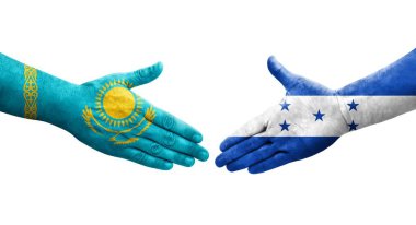 Honduras ve Kazakistan bayrakları arasında el sıkışma, izole şeffaf görüntü.