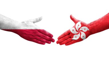 Hong Kong ve Polonya bayrakları arasında el sıkışma, el yazısı, izole şeffaf görüntü.