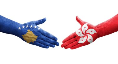 Ellerinde Hong Kong ve Kosova bayrakları arasında el sıkışma, izole edilmiş şeffaf görüntü.