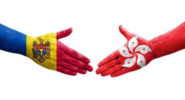 Hong Kong ve Moldova bayrakları arasındaki el sıkışma el yazısı, izole şeffaf görüntü.