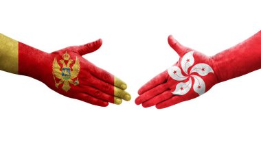 Ellerinde Hong Kong ve Karadağ bayrakları arasında el sıkışma, izole şeffaf görüntü.