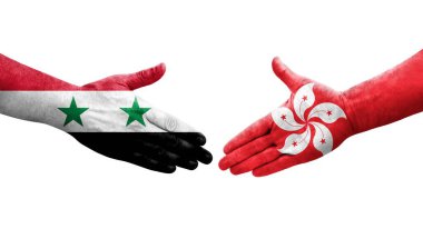 Hong Kong ve Suriye bayrakları arasında el sıkışma, izole şeffaf görüntü.