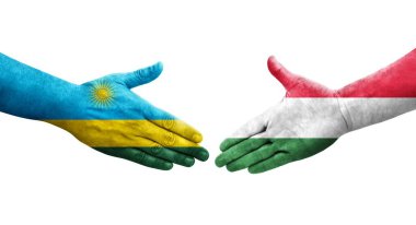 Macaristan ve Ruanda bayrakları arasındaki el sıkışma, izole şeffaf görüntü.