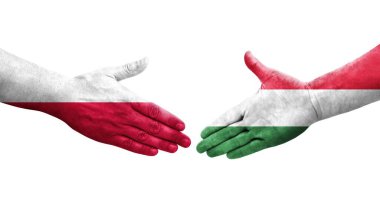 Macaristan ve Polonya arasındaki el sıkışma ellerinde bayraklar, izole edilmiş şeffaf görüntü.