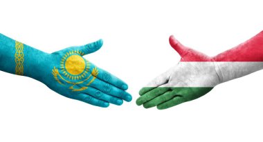 Macaristan ve Kazakistan bayrakları arasındaki el sıkışma, izole şeffaf görüntü.