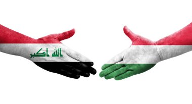 Macaristan ve Irak bayrakları arasındaki el sıkışma, izole şeffaf görüntü.
