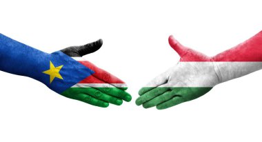 Macaristan ve Güney Sudan bayrakları arasındaki el sıkışma, izole şeffaf görüntü.