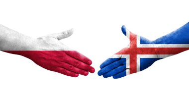 İzlanda ve Polonya arasındaki el sıkışma ellerinde bayraklar, izole edilmiş şeffaf görüntü.