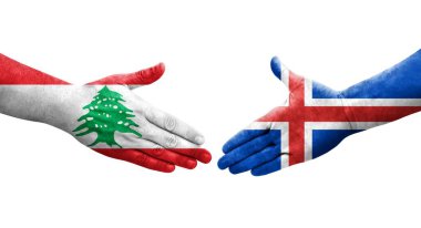 İzlanda ve Lübnan bayrakları arasında el sıkışma, izole şeffaf görüntü.