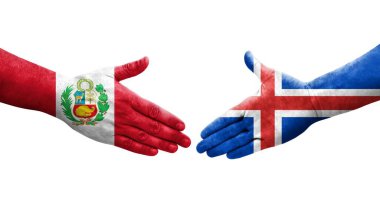 İzlanda ve Peru bayrakları arasında el sıkışma, izole şeffaf görüntü.